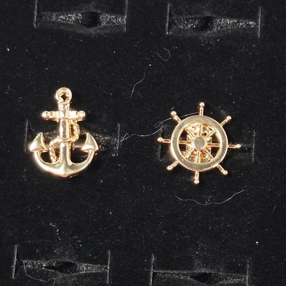 Nautical Anchor & Ship Wheel Cufflinks Gold Asymmetrical Maritime Sailor Gift
